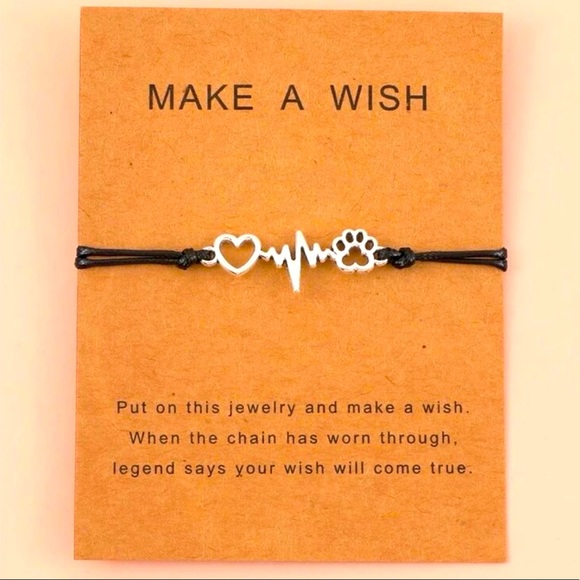 LAST ONE! π Paw print make-a-wish bracelet. String w/ Zinc alloy. Black/silver. - Picture 1 of 5